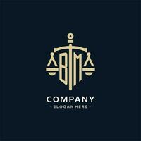 BM initial logo with scale of justice and shield icon vector