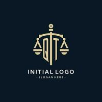 QT initial logo with scale of justice and shield icon vector