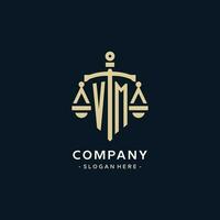 VM initial logo with scale of justice and shield icon vector