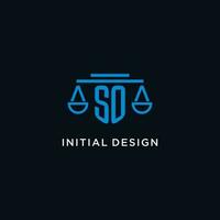 SO monogram initial logo with scales of justice icon design inspiration vector