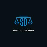 SO monogram initial logo with scales of justice icon design inspiration vector