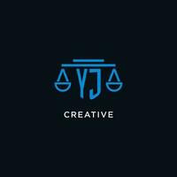 YJ monogram initial logo with scales of justice icon design inspiration vector