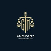 GM initial logo with scale of justice and shield icon vector