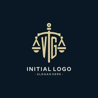 VG initial logo with scale of justice and shield icon vector