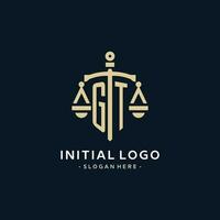 GT initial logo with scale of justice and shield icon vector