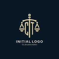 CT initial logo with scale of justice and shield icon vector