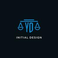 YO monogram initial logo with scales of justice icon design inspiration vector