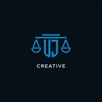 UJ monogram initial logo with scales of justice icon design inspiration vector