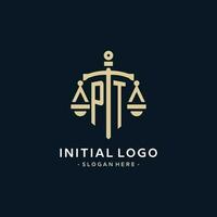PT initial logo with scale of justice and shield icon vector