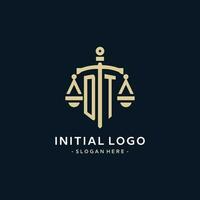 DT initial logo with scale of justice and shield icon vector