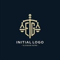 EG initial logo with scale of justice and shield icon vector