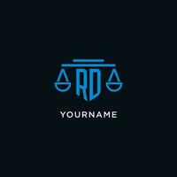 RD monogram initial logo with scales of justice icon design inspiration vector