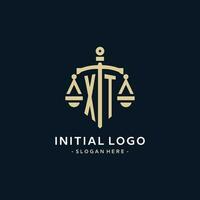 XT initial logo with scale of justice and shield icon vector
