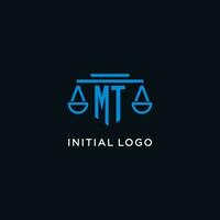 MT monogram initial logo with scales of justice icon design inspiration vector