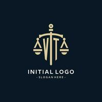 VT initial logo with scale of justice and shield icon vector