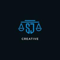 SJ monogram initial logo with scales of justice icon design inspiration vector