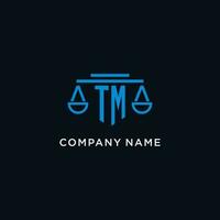 TM monogram initial logo with scales of justice icon design inspiration vector