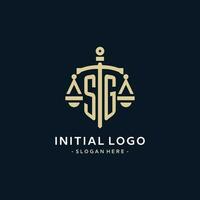 SG initial logo with scale of justice and shield icon vector