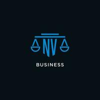 NV monogram initial logo with scales of justice icon design inspiration vector