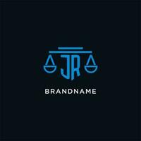 JR monogram initial logo with scales of justice icon design inspiration vector