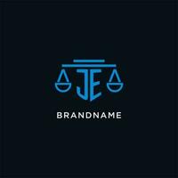 JE monogram initial logo with scales of justice icon design inspiration vector