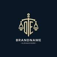 OE initial logo with scale of justice and shield icon vector