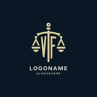 VF initial logo with scale of justice and shield icon vector