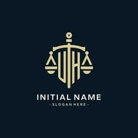 UH initial logo with scale of justice and shield icon vector