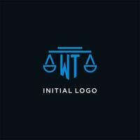 WT monogram initial logo with scales of justice icon design inspiration vector