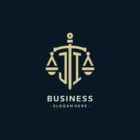 JI initial logo with scale of justice and shield icon vector