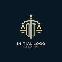 OT initial logo with scale of justice and shield icon vector