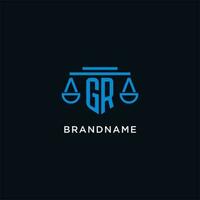 GR monogram initial logo with scales of justice icon design inspiration vector