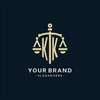KK initial logo with scale of justice and shield icon vector