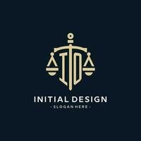 IO initial logo with scale of justice and shield icon vector