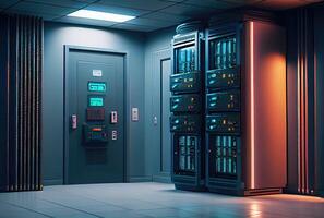 Server room for storage worldwide company database. Technology and big data concept. Digital art illustration. photo