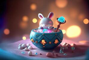 Cute rabbit bunny in the container. Magical fantasy concept. photo