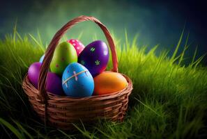 pintado Pascua de Resurrección huevos en el cesta a prado césped campo antecedentes. fiesta y festival concepto. generativo ai foto