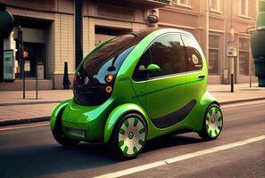 Green future car on the road in the city urban scene at day background. Technology and transportation concept. photo