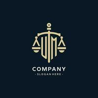UM initial logo with scale of justice and shield icon vector