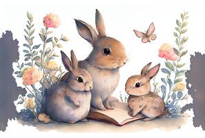 Rabbit family spends time together reading a book on white background. Animal and education concept. photo