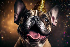 Portrait of cute happy French Bulldog in the celebration party with bokeh light and confetti in the dark background. photo
