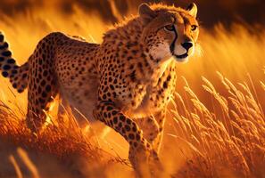 Cheetah running in South Africa meadow with yellow grass and golden sunlight background. photo