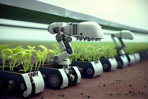 Robot farming harvesting agricultural products in greenhouse. Innovative futuristics technology and 5G smart farming concept. photo