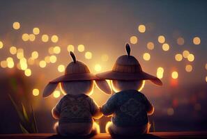 Cute rabbits couple in Chinese outfits clothes celebrating Chinese New year with colorful fireworks background. photo