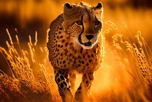 Cheetah running in South Africa meadow with yellow grass and golden sunlight background. photo