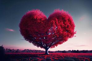 rojo corazón forma árbol paisaje con cielo antecedentes. san valentin día y romance concepto. digital Arte ilustración. generativo ai foto