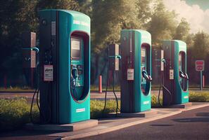 EV charging station in the city background. Business power and Industrial concept. photo