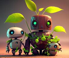 Eco friendly robot family on the ground. Technology and Environment conservation concept. photo