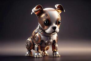 Robot dog with metallic body on the minimal background. Pet toy technology and Kids accessories concept. photo