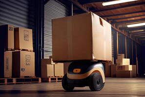 Robot AGV transporting cardboard box in warehouse background. Technology innovation and delivery concept. photo